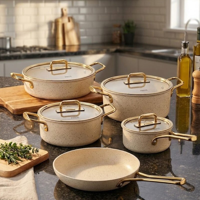 Falez Premium 9-Piece Granite Non-Stick Cookware Set – Creamy & Gold Edition | Made in Turkey