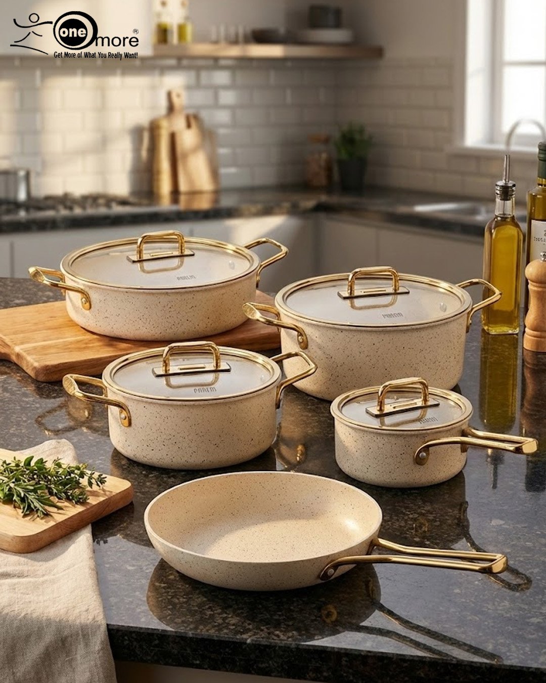 Falez Premium 9-Piece Granite Non-Stick Cookware Set – Creamy & Gold Edition | Made in Turkey