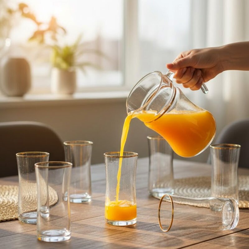 Pasabahce Turkish Gold Rim Water Set (7 Pcs) – Luxury Glass Jug & 6 Tumblers