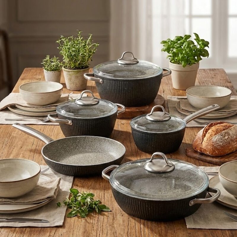 Falez Premium 9-Piece Granite Non-Stick Cookware Set – Made in Turkey | Healthy Low-Oil Cooking