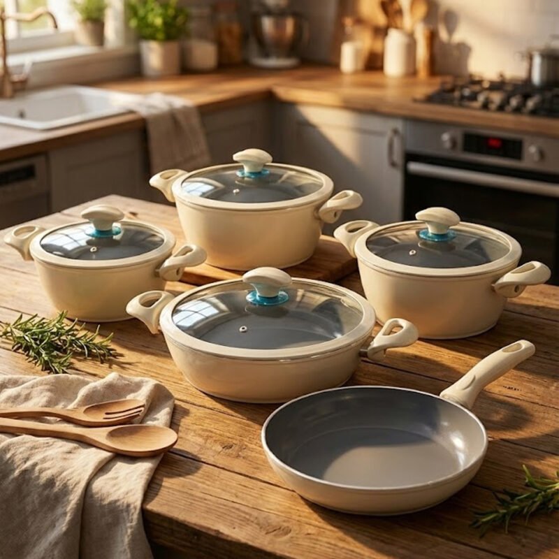 Falez 9-Piece Premium Ceramic Coating Non-Stick Cookware Set – Healthy Low-Oil Cooking | Made in Turkey