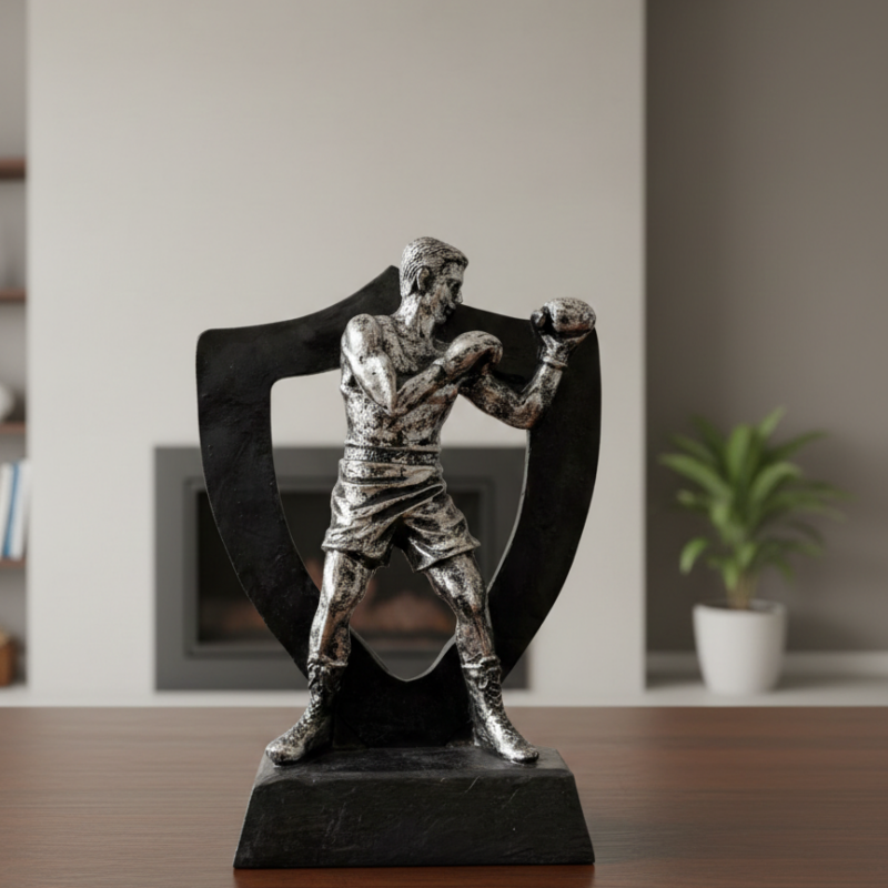 Victory Spirit Boxing Champion Statue | Antique Silver & Black Decorative Sports Sculpture
