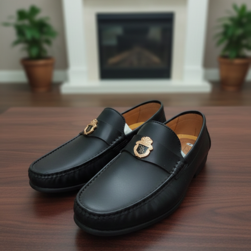 Men’s Formal Black Leather Loafers with Gold Buckle Men’s Formal Black Leather Loafers with Gold Buckle Detail | Classic Dress ShoesDetail | Classic Dress Shoes