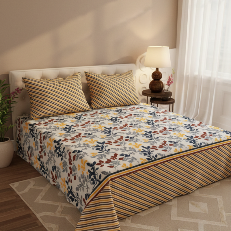 Salonika 3 Piece King Double Bed Sheet Set | Floral Print Cotton Polyester Bedsheet with Pillow Covers