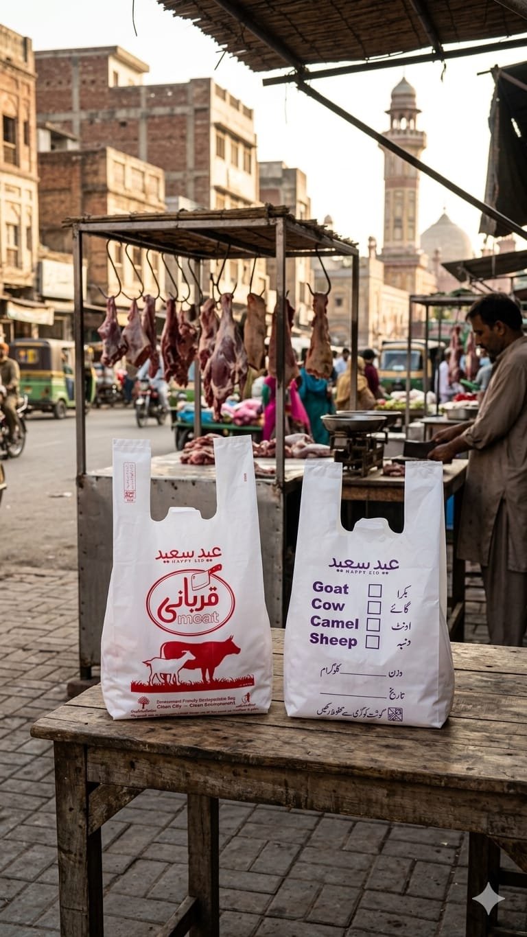 Qurbani Meat Bags | Eid-ul-Adha Disposable Carry Bags | Printed Meat Packing Bags for Goat, Cow, Camel & Sheep 6x14